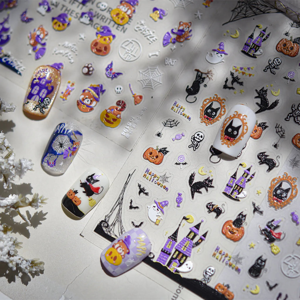 Spooky Black Cat 5D Halloween Nail Stickers | Cute Ghost & Skeleton Nail Art Decals