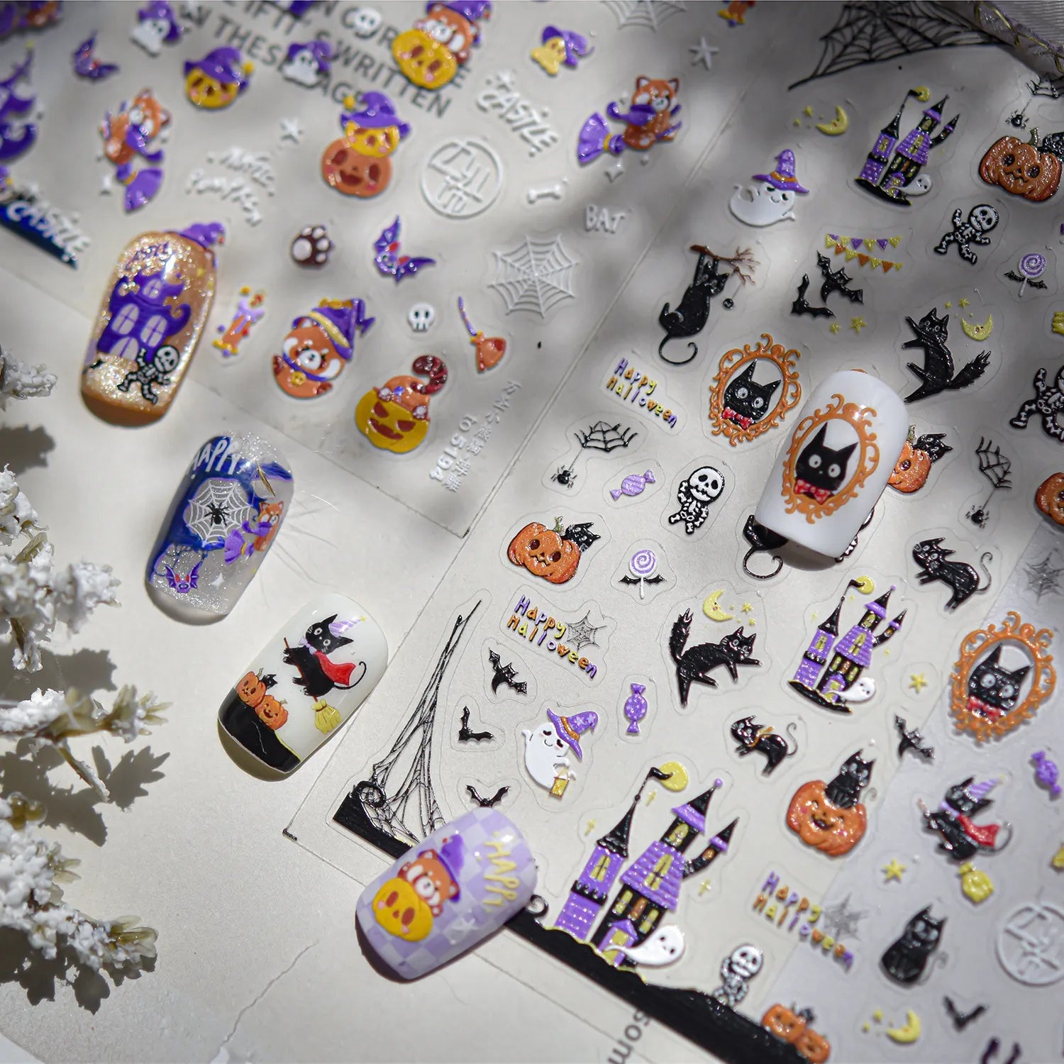 Spooky Black Cat 5D Halloween Nail Stickers | Cute Ghost & Skeleton Nail Art Decals