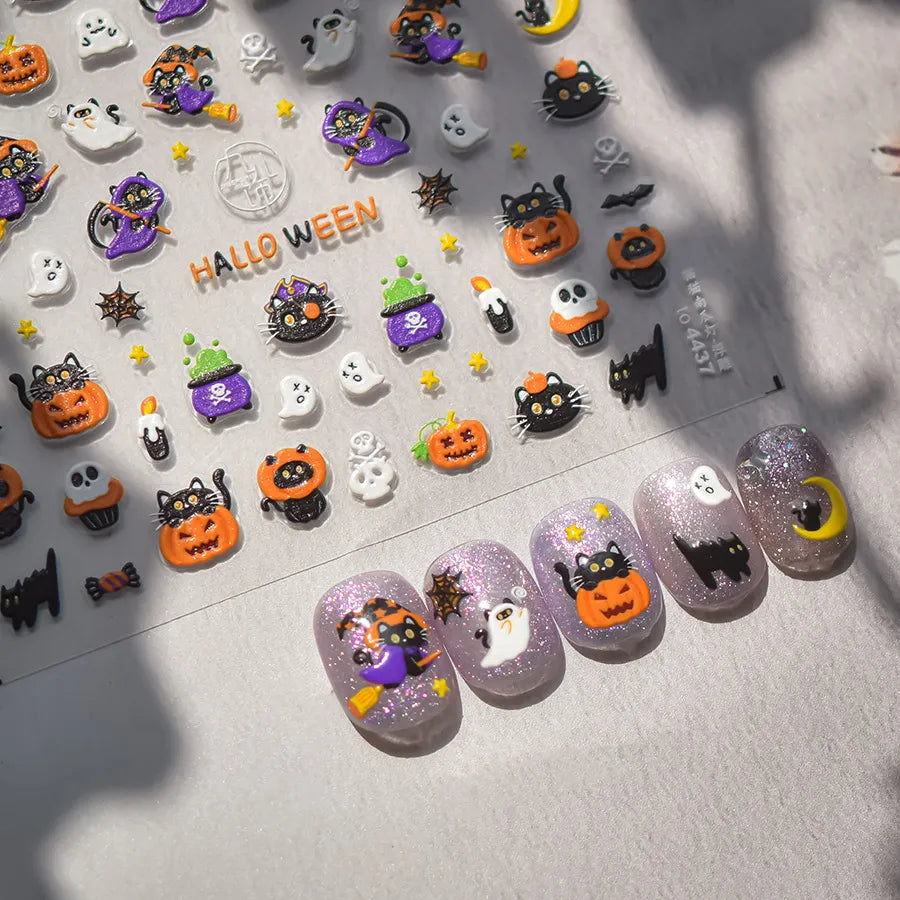 Spooky Cute Halloween Black Cat Nail Art Stickers | Witch & Ghost Nail Decals
