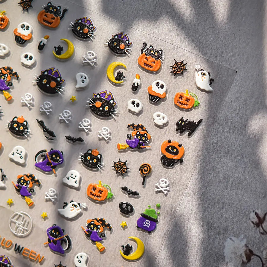 Spooky Cute Halloween Black Cat Nail Art Stickers | Witch & Ghost Nail Decals