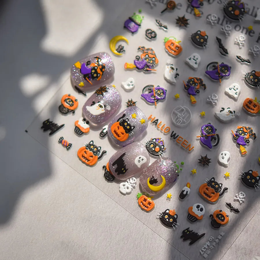 Spooky Cute Halloween Black Cat Nail Art Stickers | Witch & Ghost Nail Decals