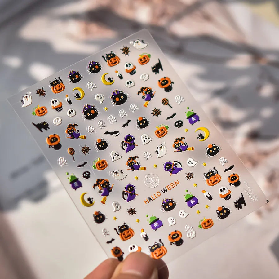 Spooky Cute Halloween Black Cat Nail Art Stickers | Witch & Ghost Nail Decals