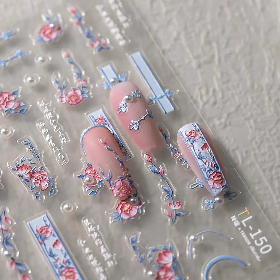 Spring Blossoming Flowers Nail Art Stickers Floral Adhesive Embossed Sticker Decals TL149
