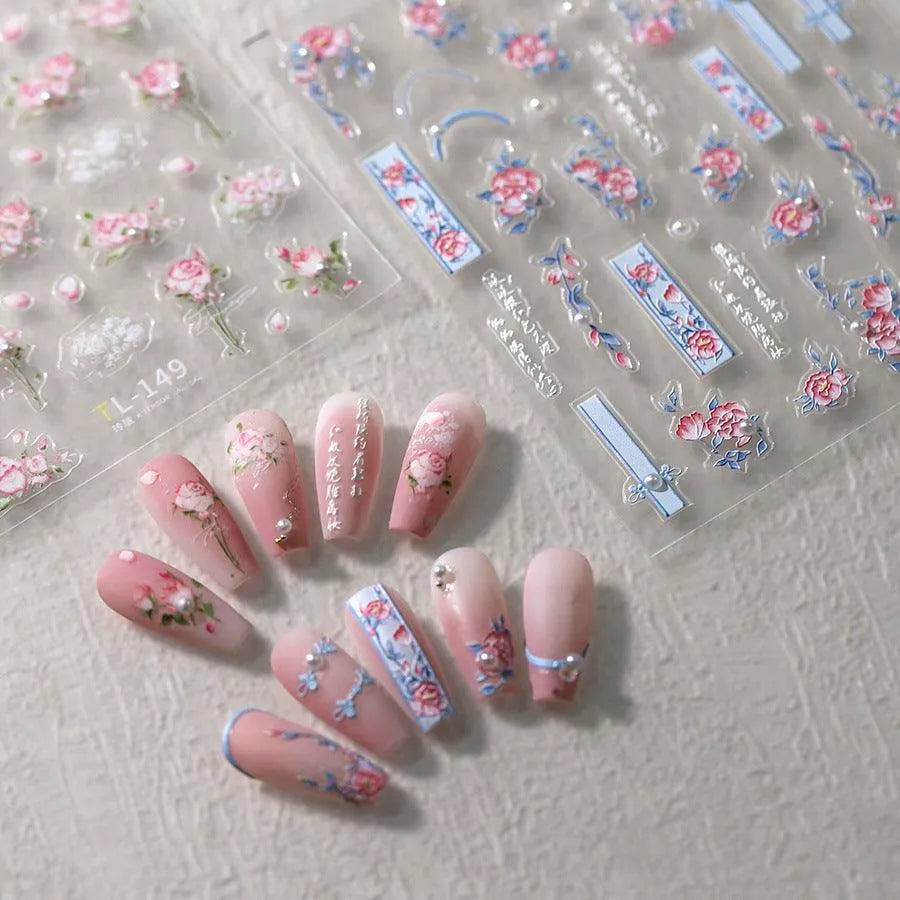 Spring Blossoming Flowers Nail Art Stickers Floral Adhesive Embossed Sticker Decals TL149