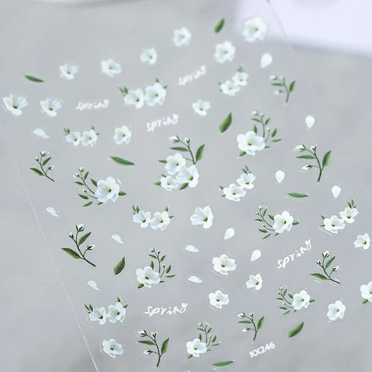  Spring Floral Nail Art Stickers Adhesive White Flowers Sticker Decals KX246
