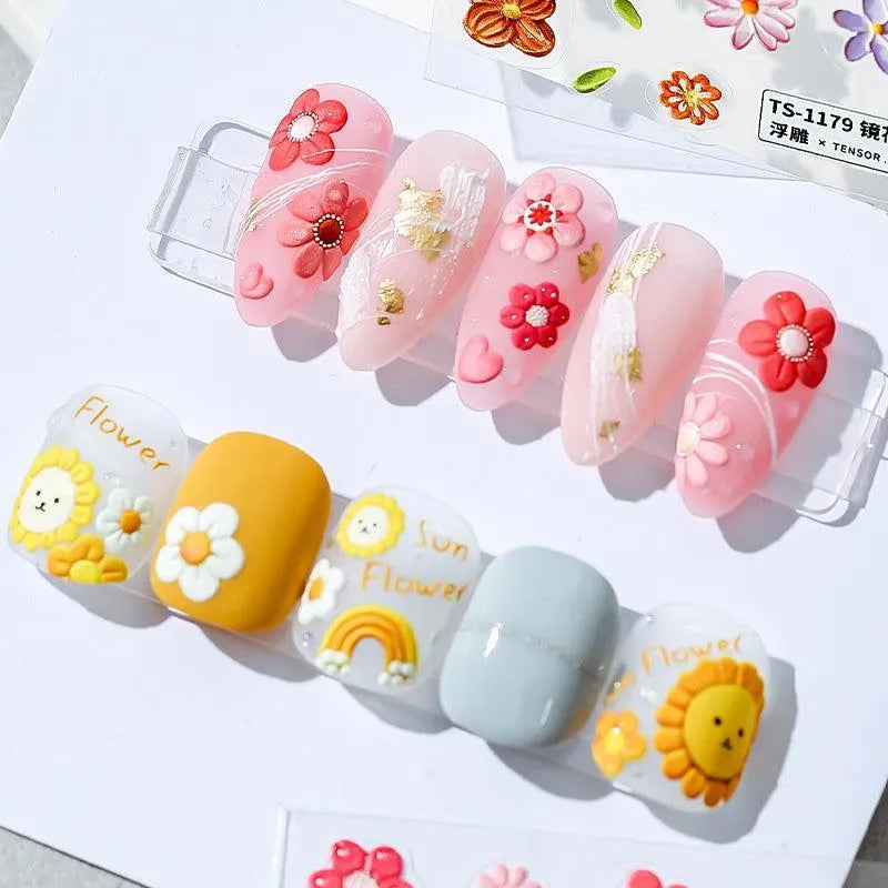 Spring Floral Nail Art Stickers Colorful Flower Leaf Adhesive Embossed Sticker Decals TS1165