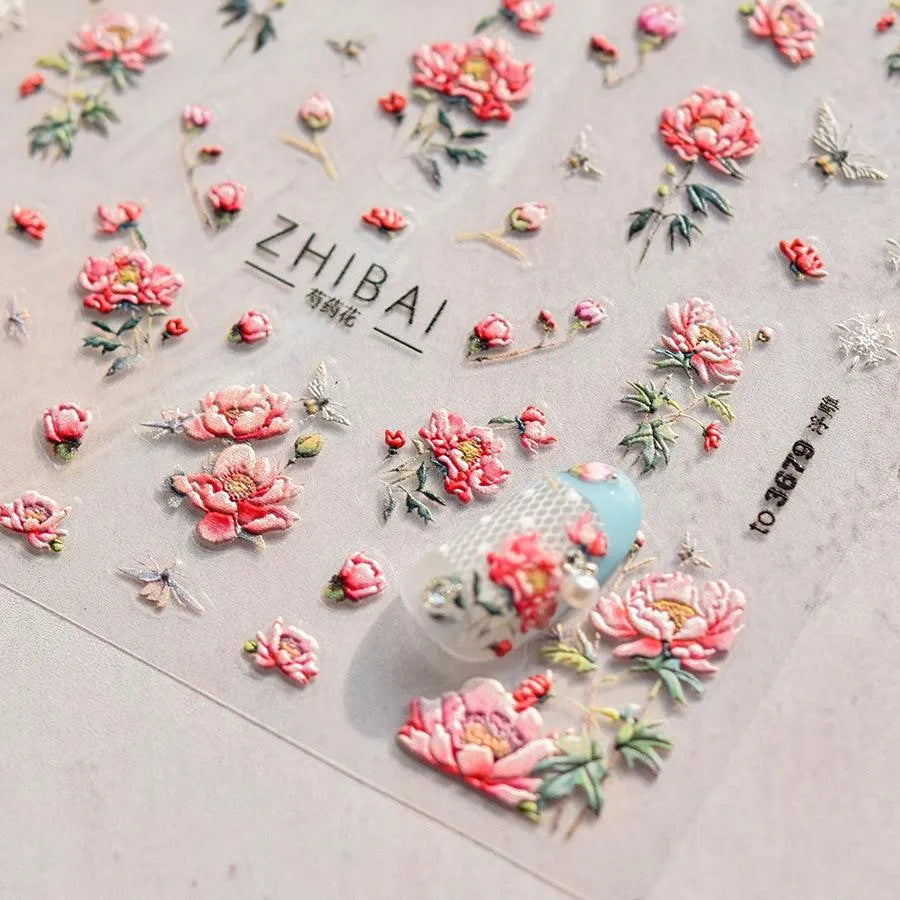 Spring Flower Nail Art Stickers Adhesive Embossed Peony Sticker Decals to3679