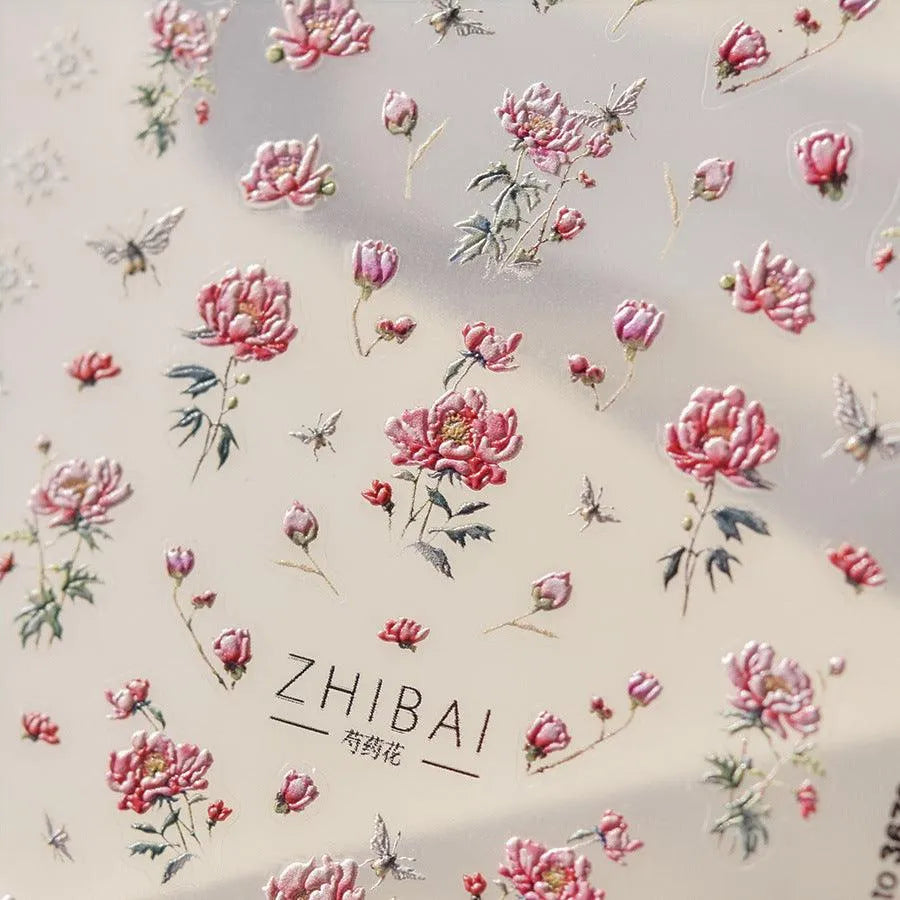 Spring Flower Nail Art Stickers Adhesive Embossed Peony Sticker Decals to3679