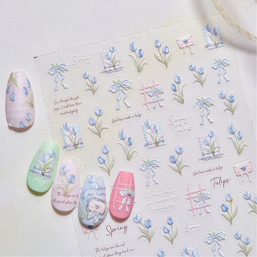Spring Tulip Nail Stickers - Romantic Bow Floral Decals