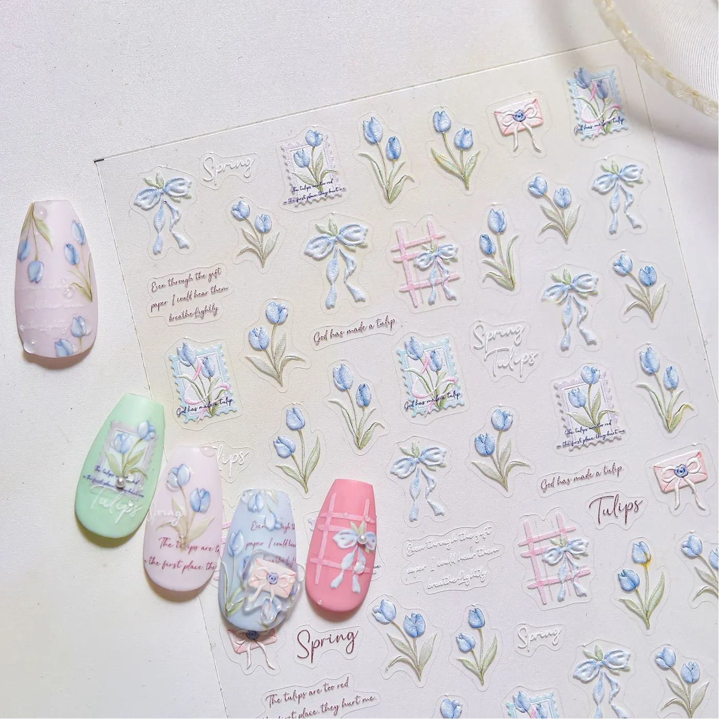 Spring Tulip Nail Stickers - Romantic Bow Floral Decals