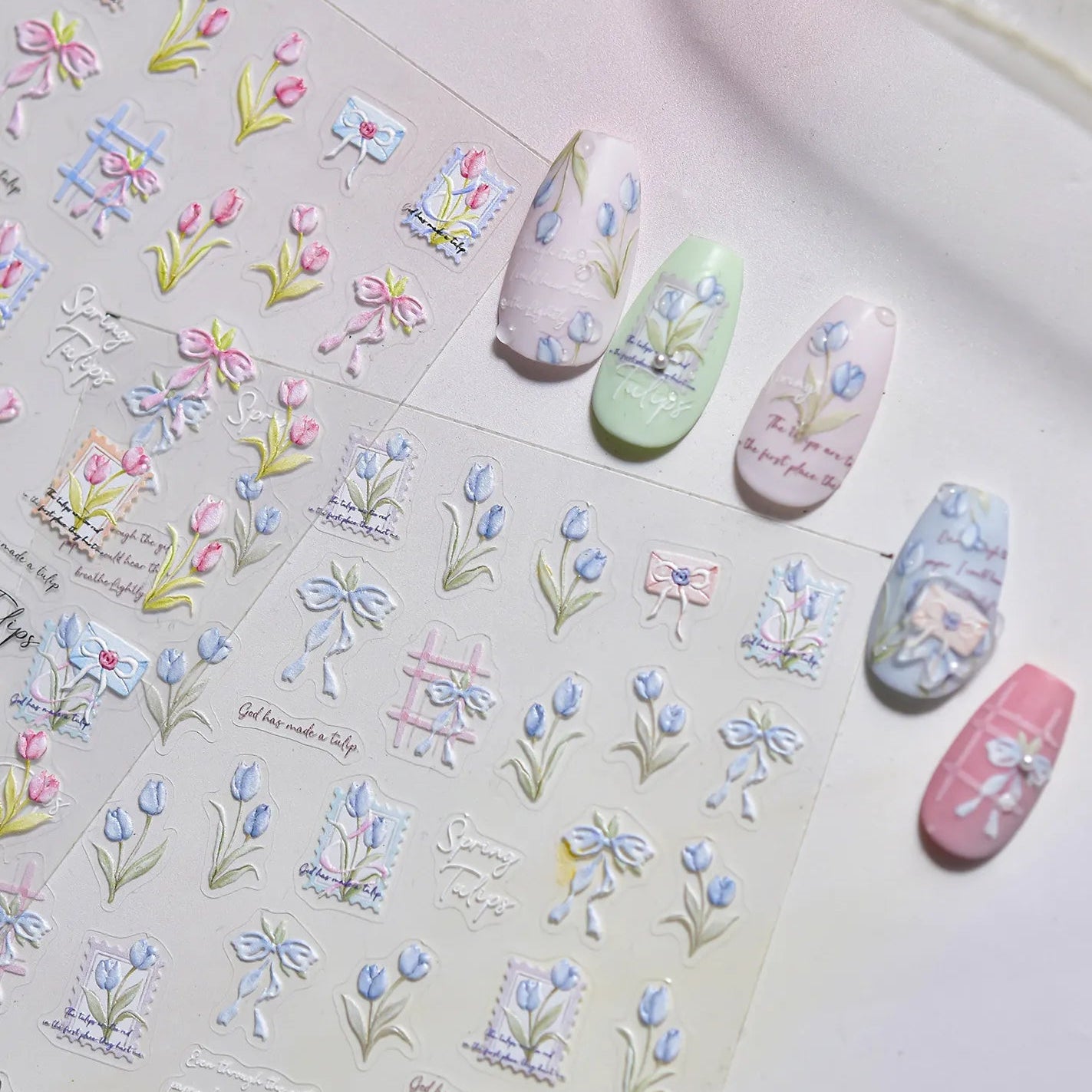 Spring Tulip Nail Stickers - Romantic Bow Floral Decals