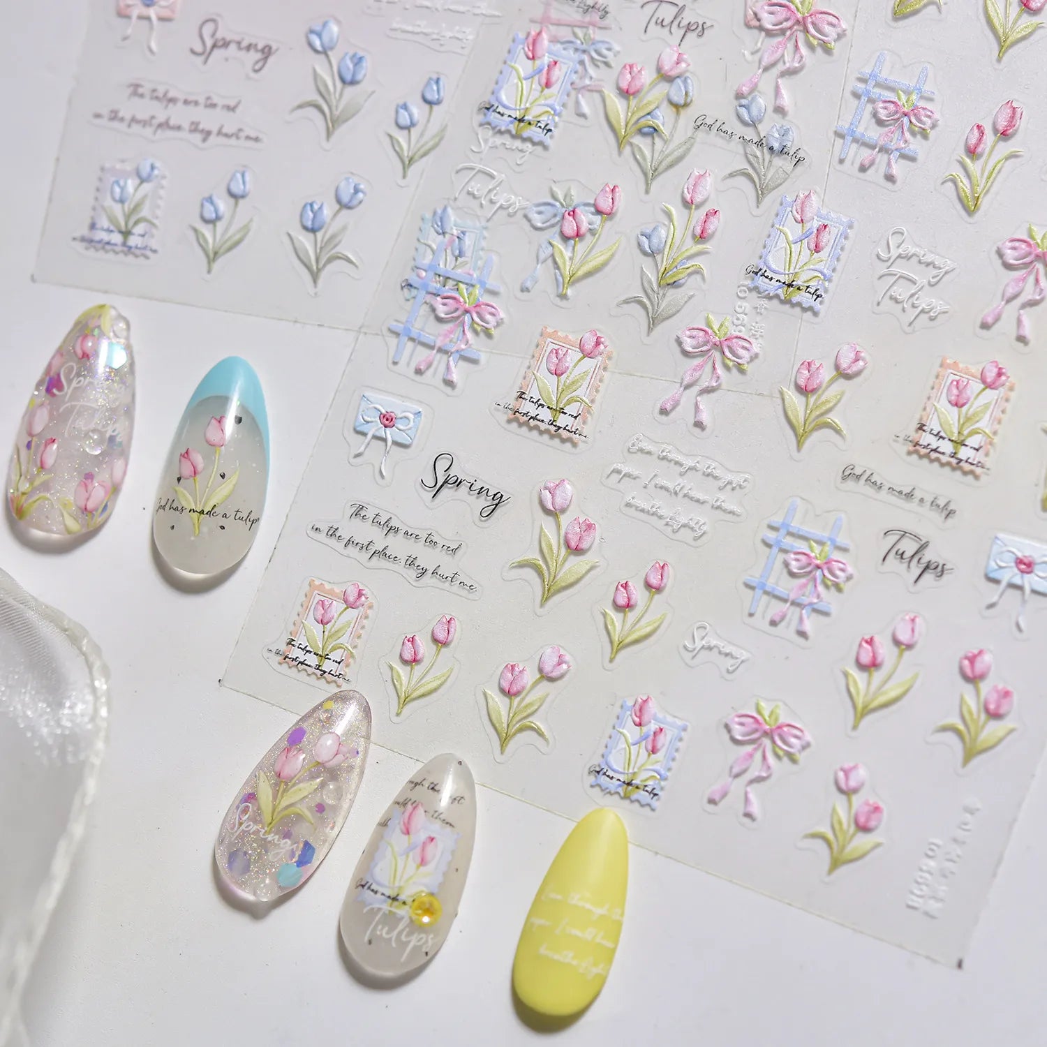 Spring Tulip Nail Stickers - Romantic Bow Floral Decals