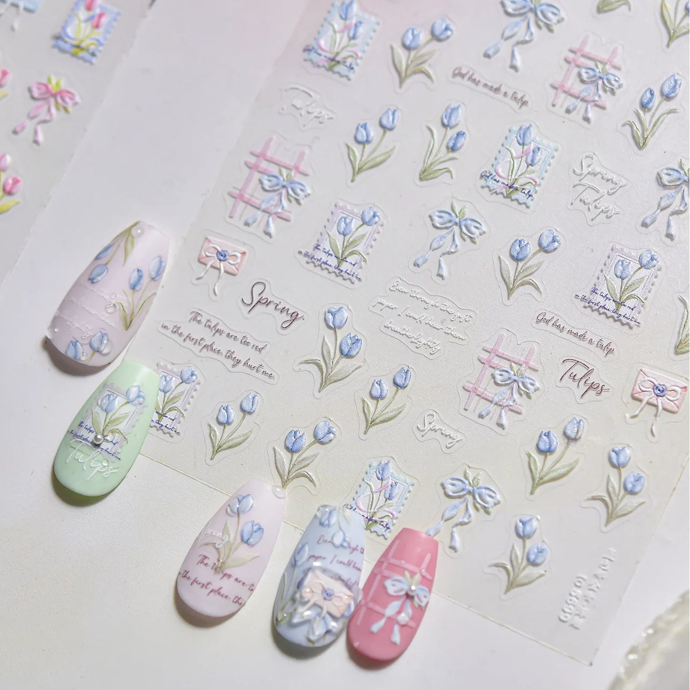 Spring Tulip Nail Stickers - Romantic Bow Floral Decals