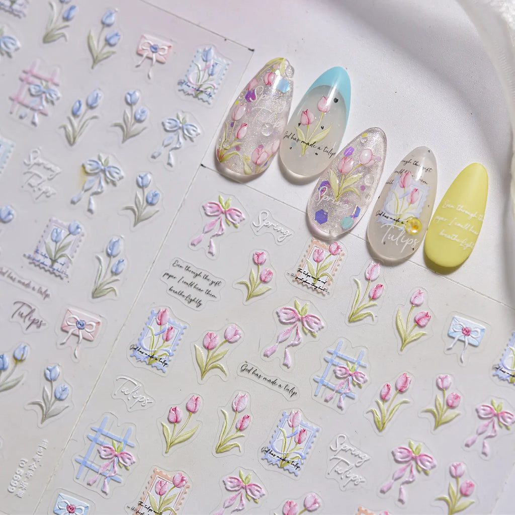 Spring Tulip Nail Stickers - Romantic Bow Floral Decals