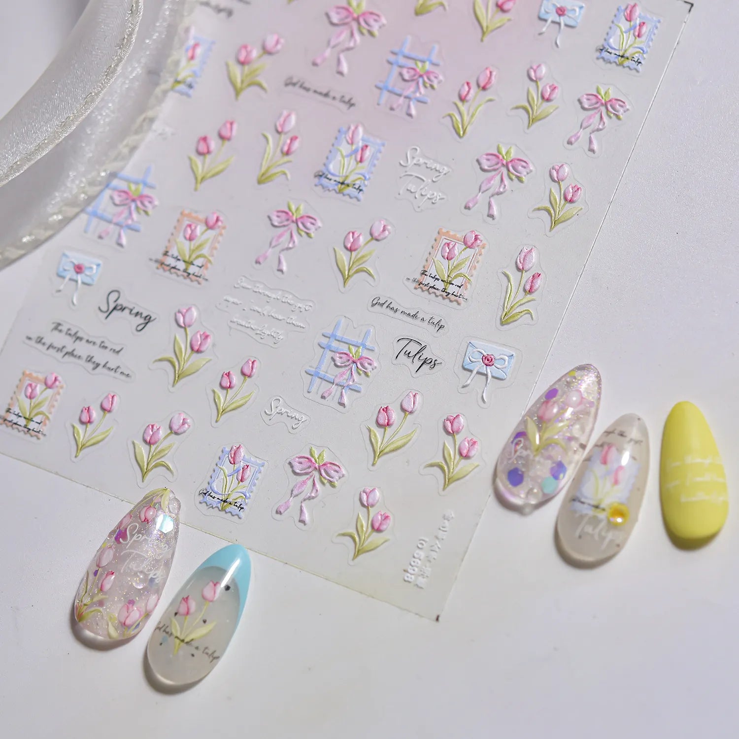 Spring Tulip Nail Stickers - Romantic Bow Floral Decals