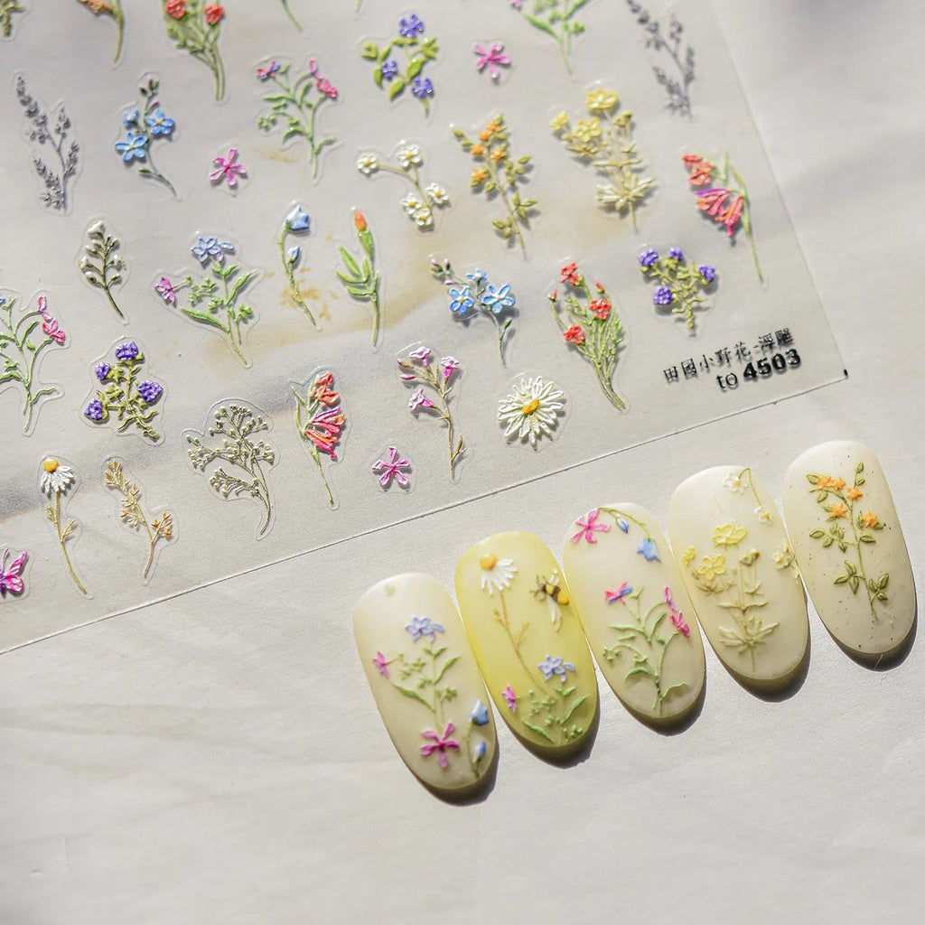 Spring Wildflower Nail Art Stickers – 5D Daisies, Lavender & Garden Floral Decals 