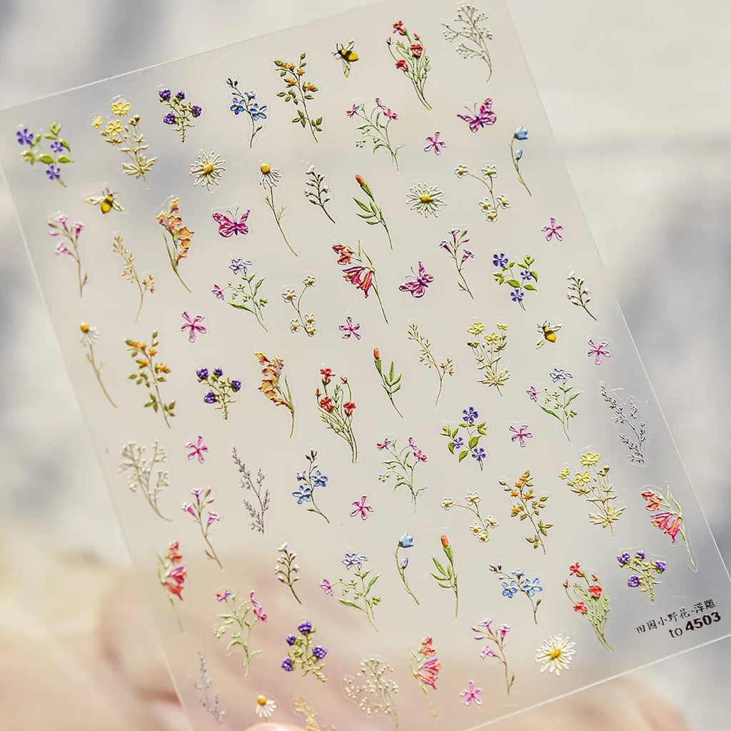 Spring Wildflower Nail Art Stickers – 5D Daisies, Lavender & Garden Floral Decals 