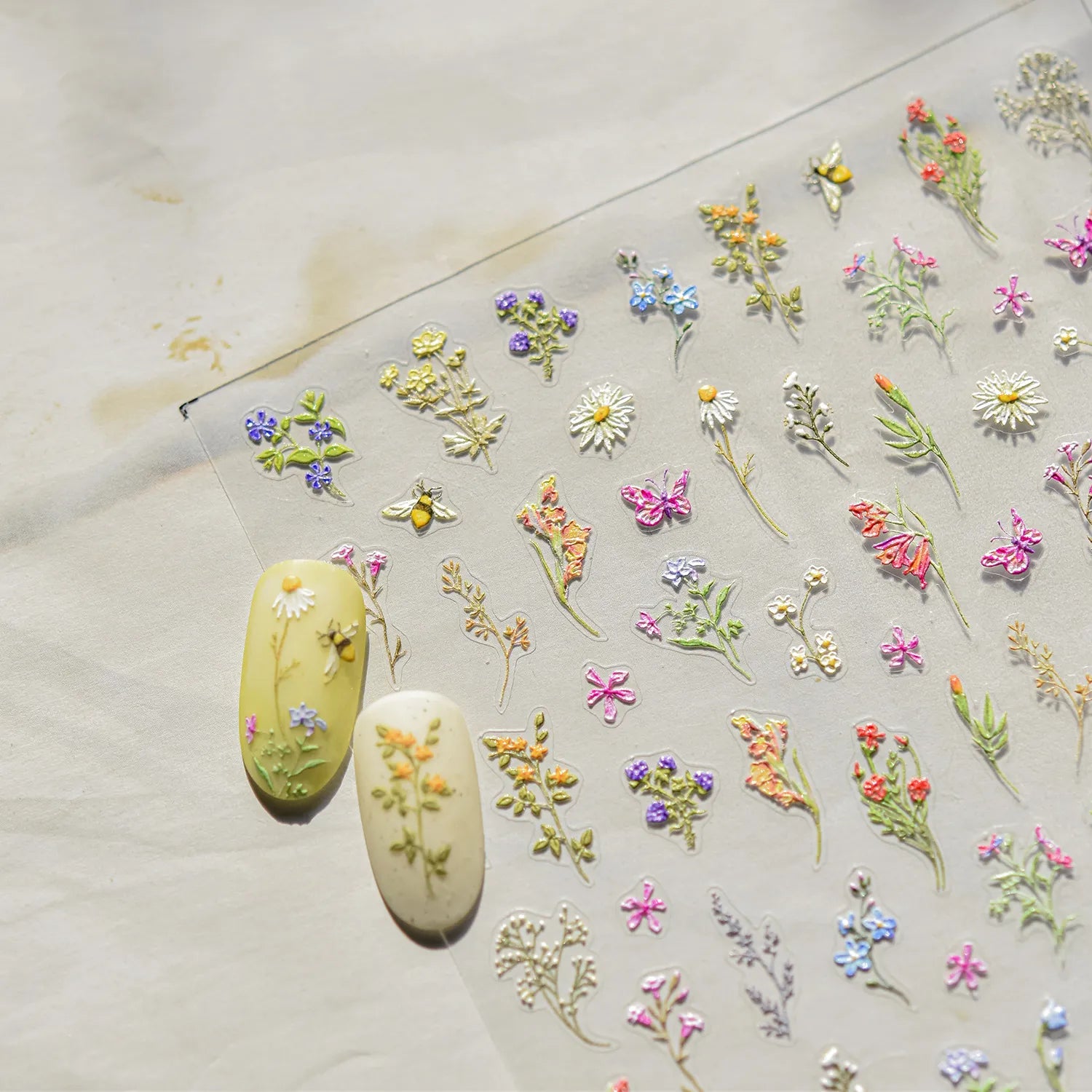 Spring Wildflower Nail Art Stickers – 5D Daisies, Lavender & Garden Floral Decals 