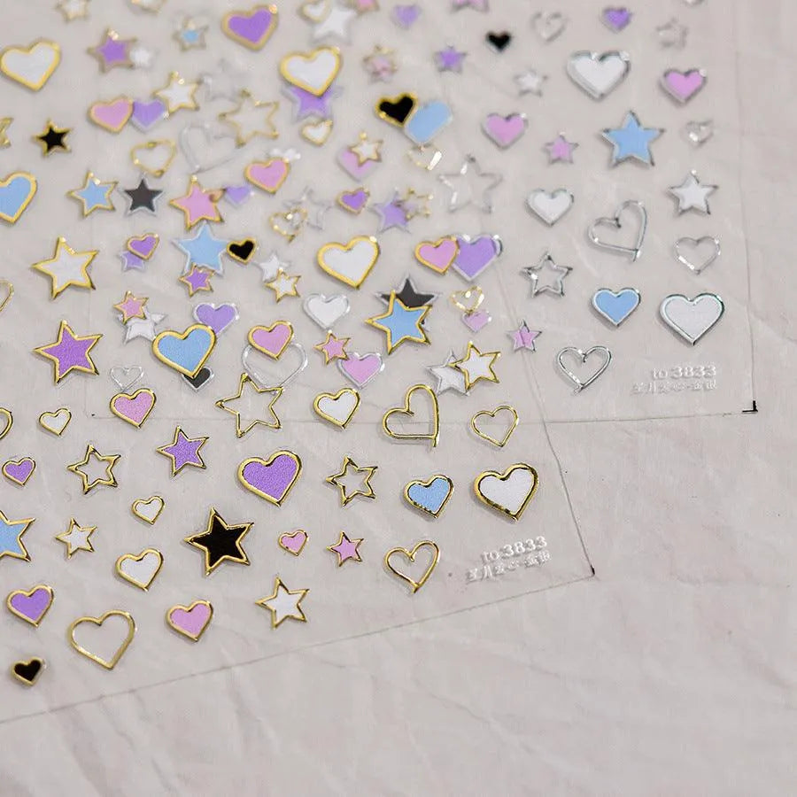 Stars Love Heart Nail Art Stickers Metal Colors Effect Adhesive Embossed Sticker Decals to3833