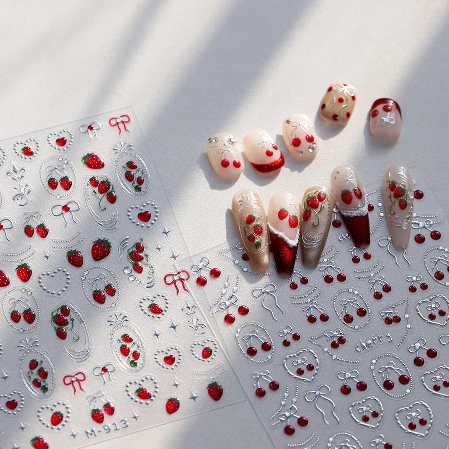 Strawberry Cherry Nail Art Stickers Metal Silver Colors Adhesive Embossed Sticker Decals 