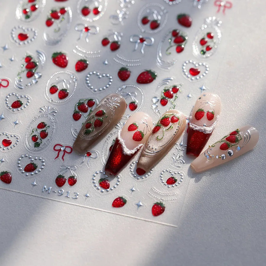 Strawberry Cherry Nail Art Stickers Metal Silver Colors Adhesive Embossed Sticker Decals 