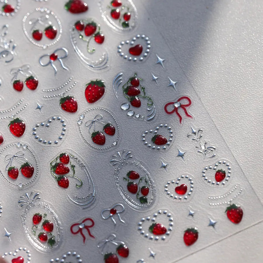 Strawberry Cherry Nail Art Stickers Metal Silver Colors Adhesive Embossed Sticker Decals 
