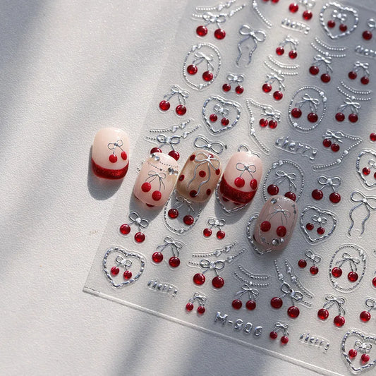 Strawberry Cherry Nail Art Stickers Metal Silver Colors Adhesive Embossed Sticker Decals 