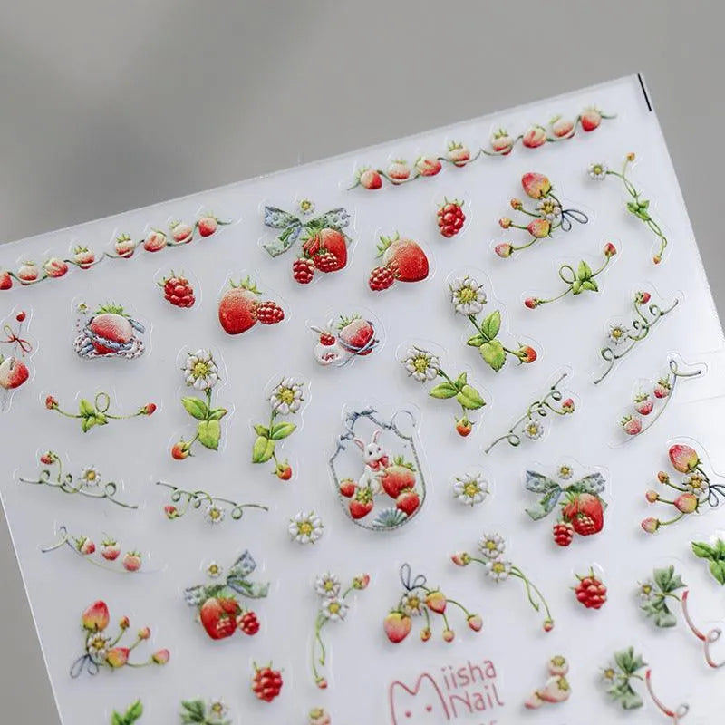 Strawberry Nail Art Stickers Adhesive Slider 3D Strawberry Flower Sticker Decals MN311