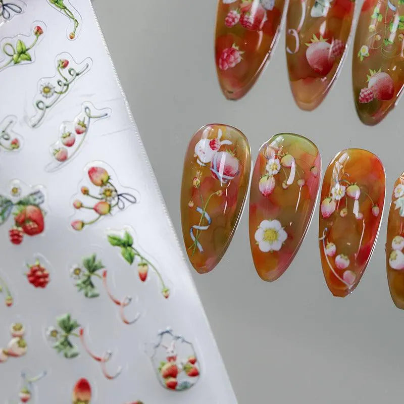 Strawberry Nail Art Stickers Adhesive Slider 3D Strawberry Flower Sticker Decals MN311