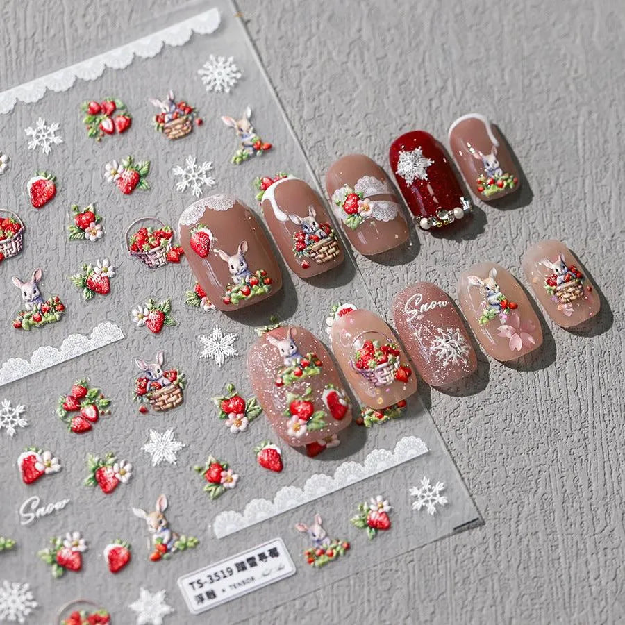 Strawberry Nail Art Stickers Adhesive Slider Embossed Snowflake Sticker Decals TS3519