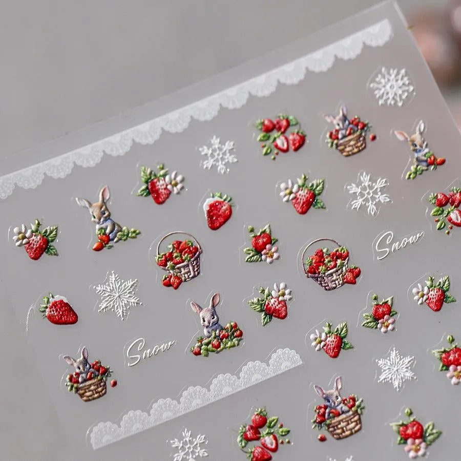 Strawberry Nail Art Stickers Adhesive Slider Embossed Snowflake Sticker Decals TS3519