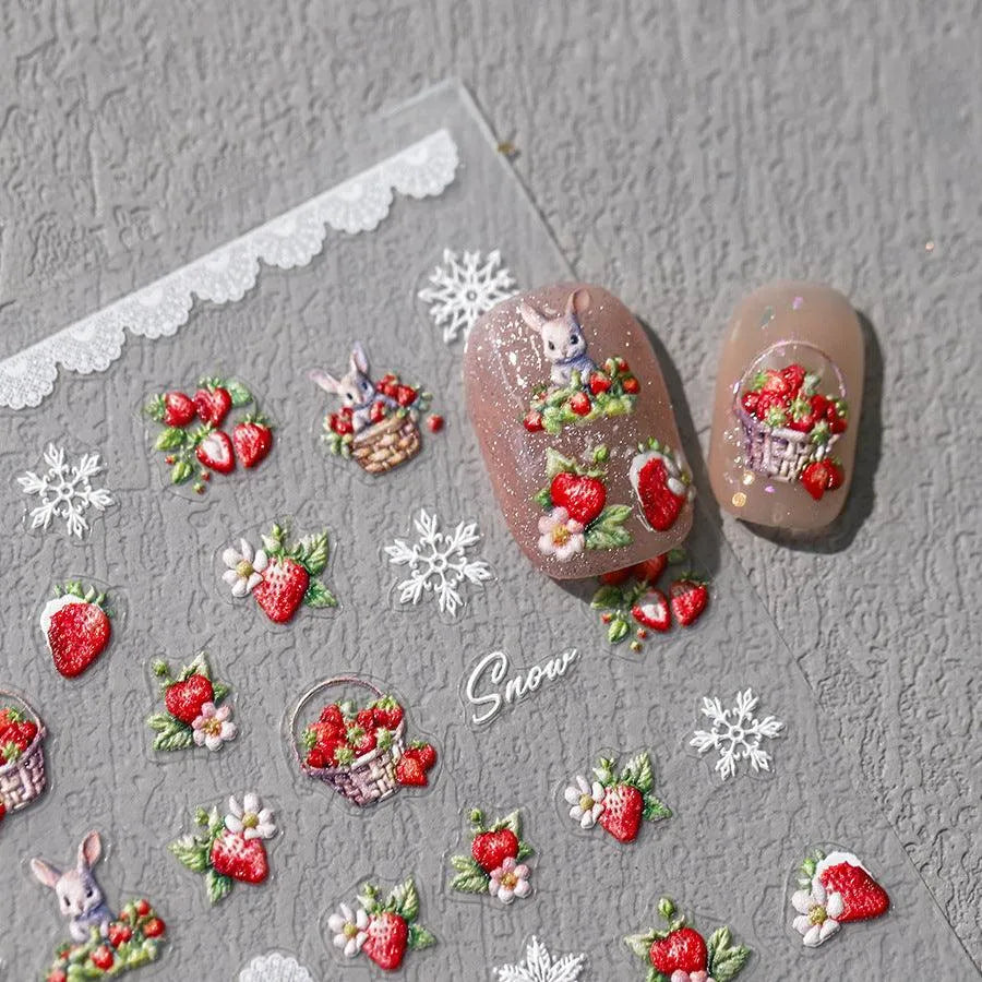 Strawberry Nail Art Stickers Adhesive Slider Embossed Snowflake Sticker Decals TS3519