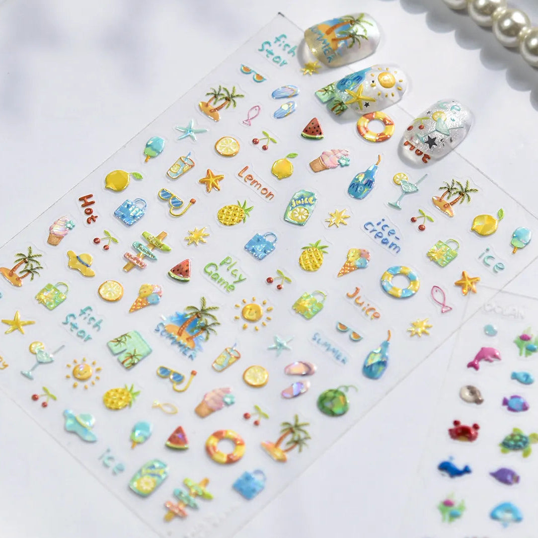Summer 3D Nail Stickers - Ocean Beach & Fruit Decals 