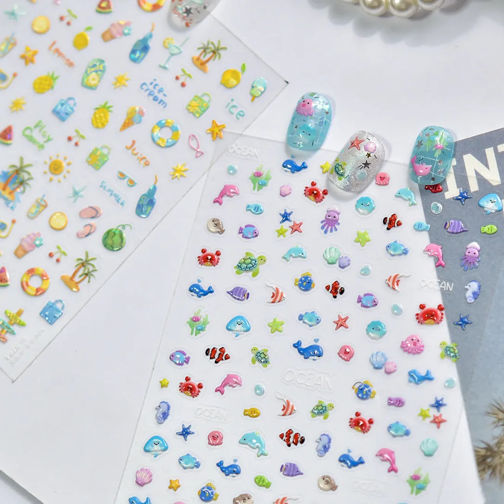 Summer 3D Nail Stickers - Ocean Beach & Fruit Decals 