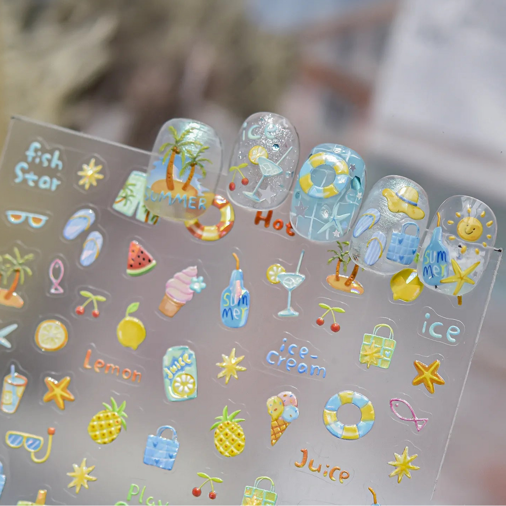 Summer 3D Nail Stickers - Ocean Beach & Fruit Decals 