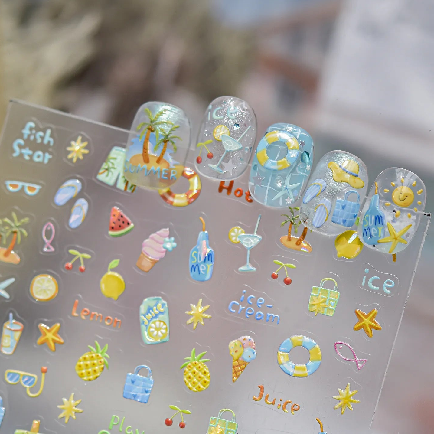Summer 3D Nail Stickers - Ocean Beach & Fruit Decals 