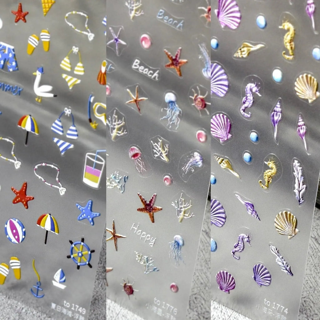 Summer Beach Nail Art Stickers 5D Shell Seahorse Embossed Sticker Decals