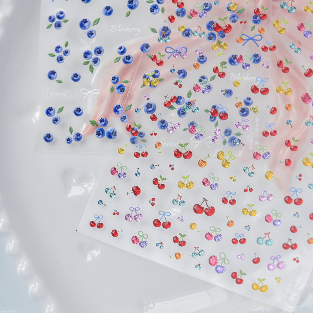 Summer Cherry & Blueberry Jelly Nail Stickers - Fruit & Bows Decals 5901