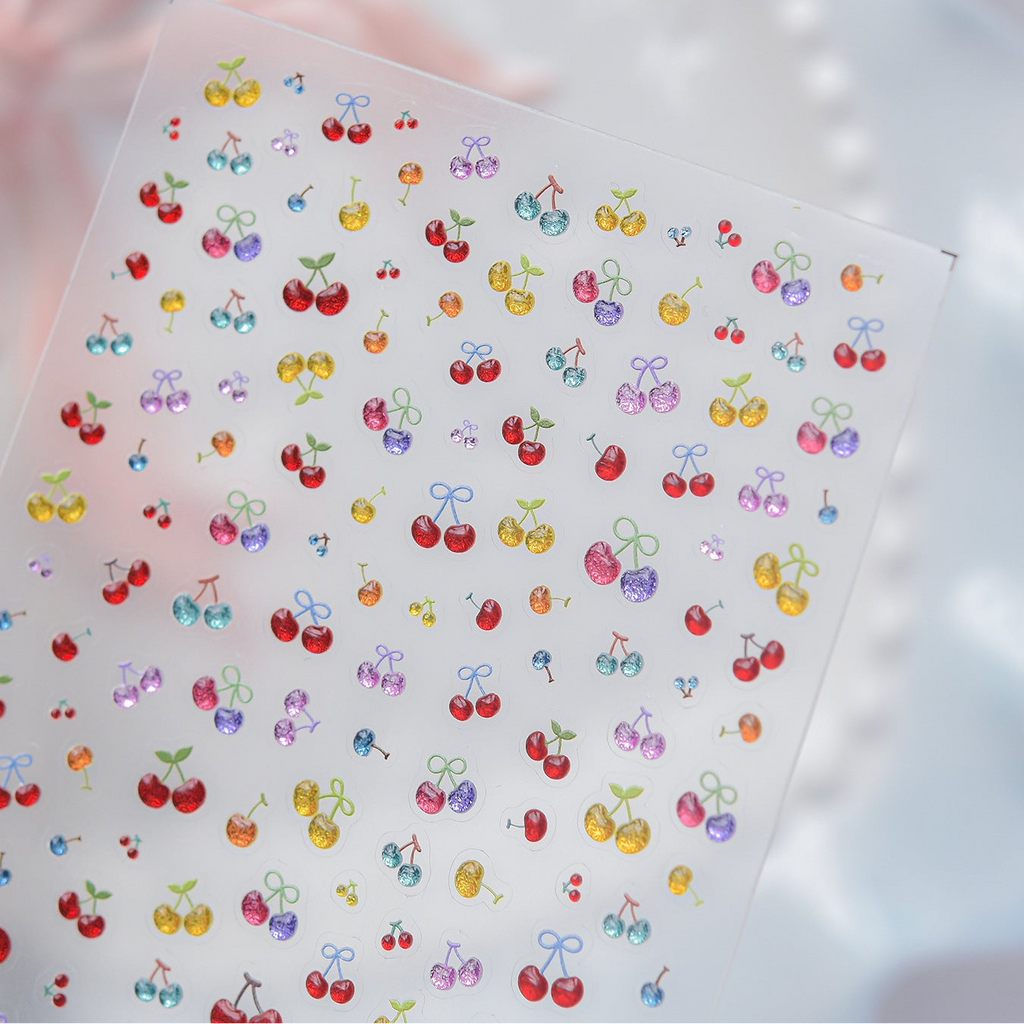 Summer Cherry & Blueberry Jelly Nail Stickers - Fruit & Bows Decals 5901