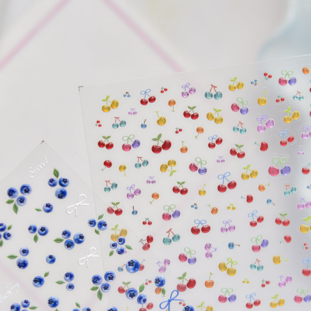 Summer Cherry & Blueberry Jelly Nail Stickers - Fruit & Bows Decals 5901