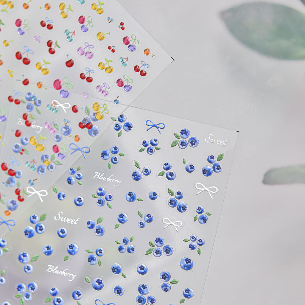 Summer Cherry & Blueberry Jelly Nail Stickers - Fruit & Bows Decals 5901