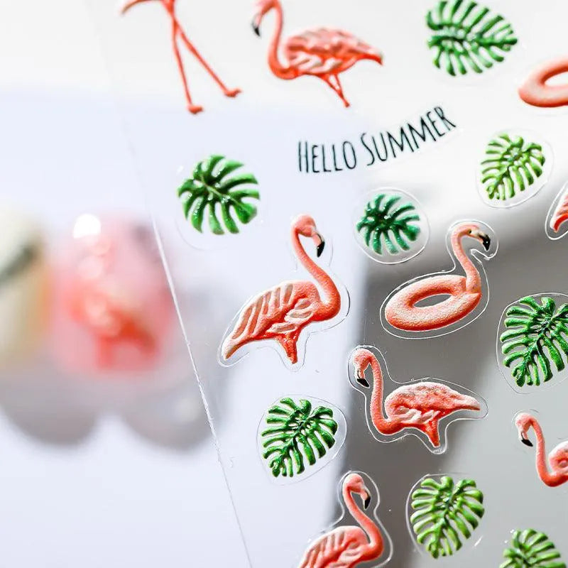 Summer Nail Art Stickers Adhesive Slider Tropical Plants Flamingo Sticker Decals 