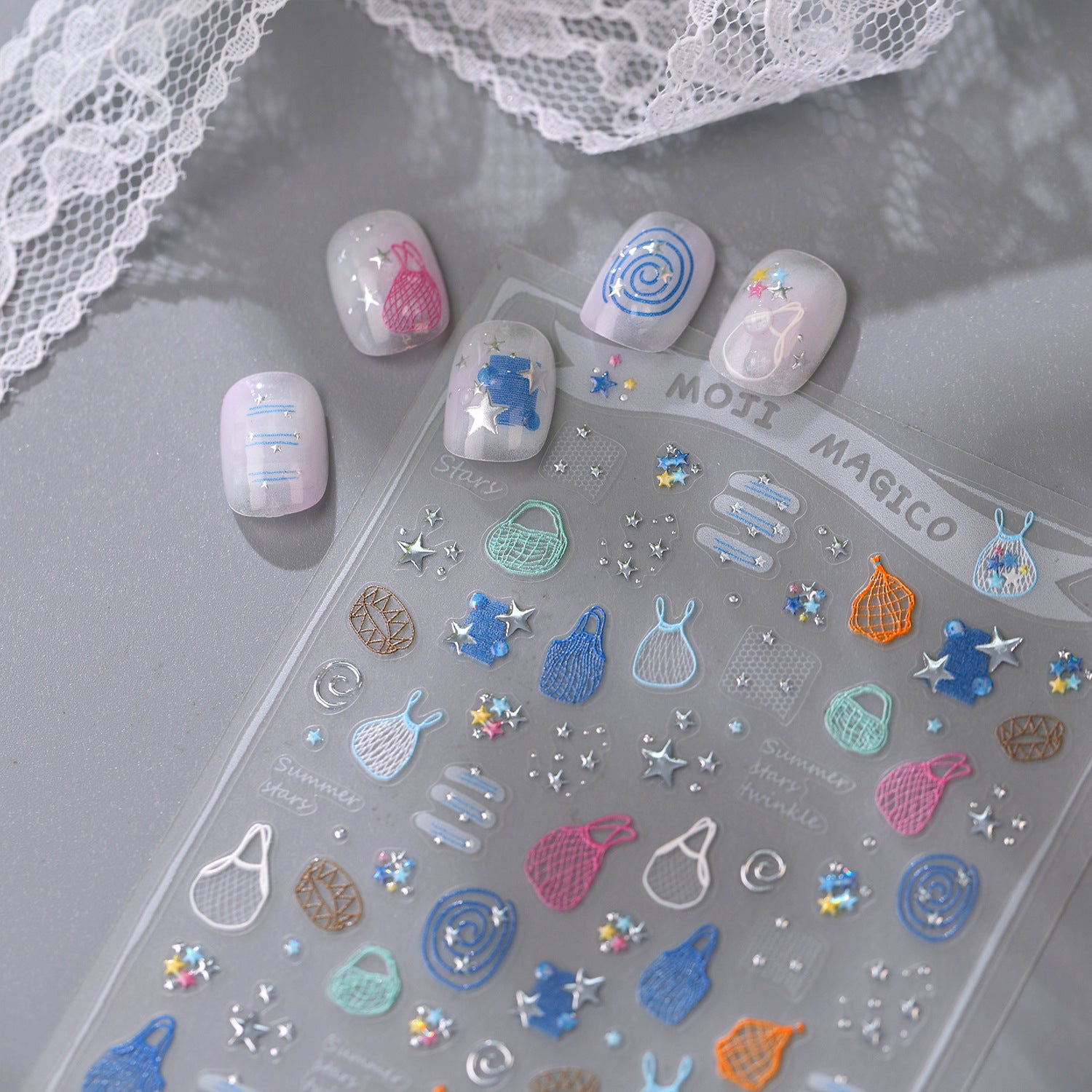 Summer Net Bags & Stars 3D Y2K Nail Stickers