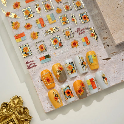Sunflower & Gold Frame Nail Decals - Fall Floral Nail Stickers TL408