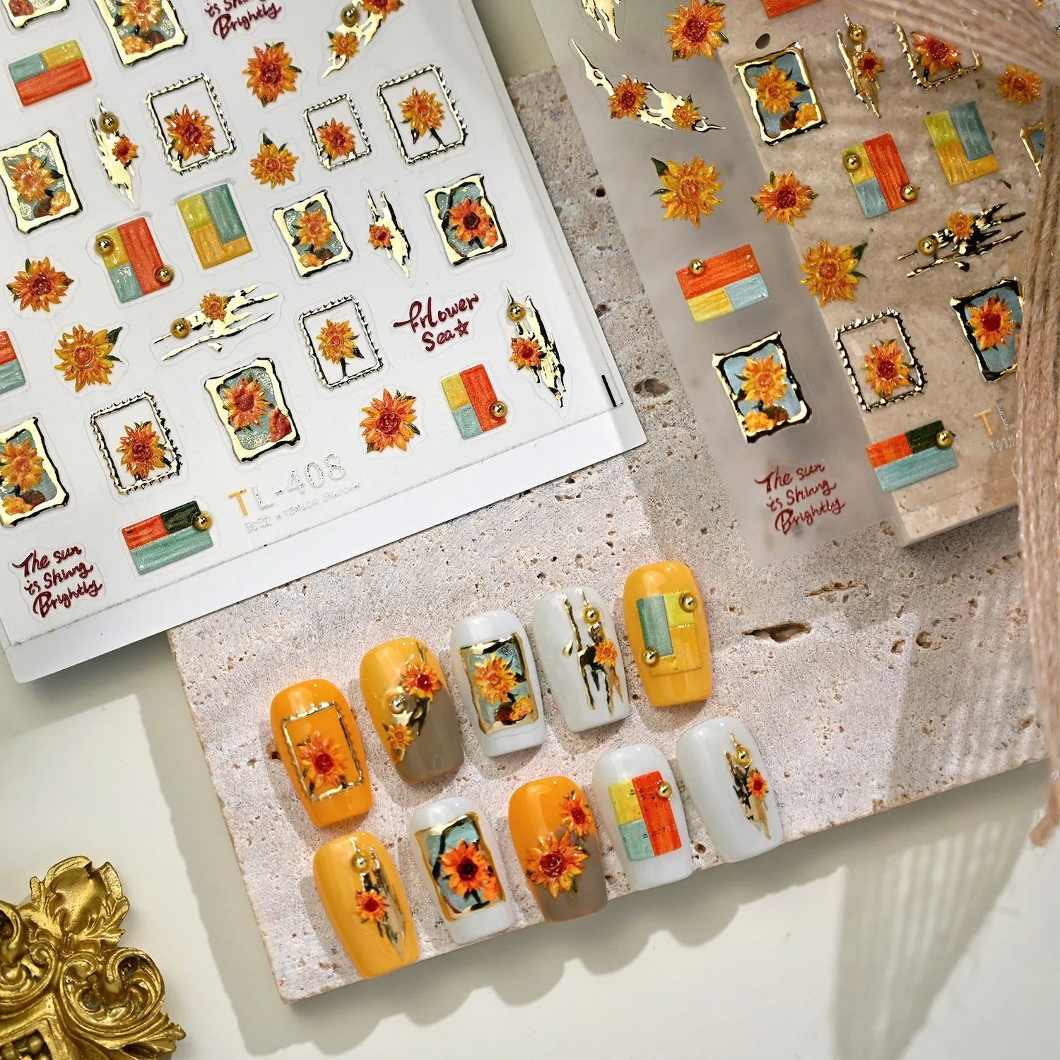 Sunflower & Gold Frame Nail Decals - Fall Floral Nail Stickers TL408