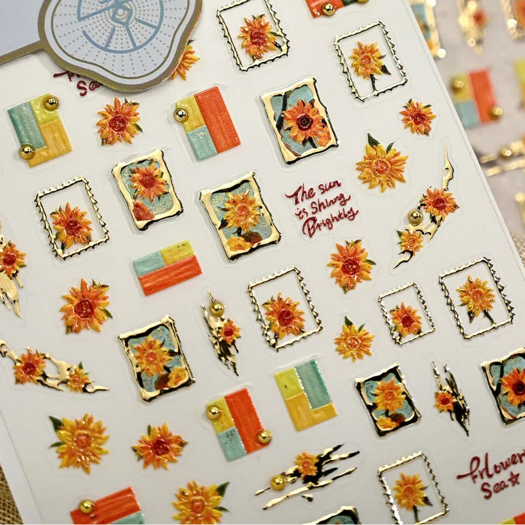 Sunflower & Gold Frame Nail Decals - Fall Floral Nail Stickers TL408