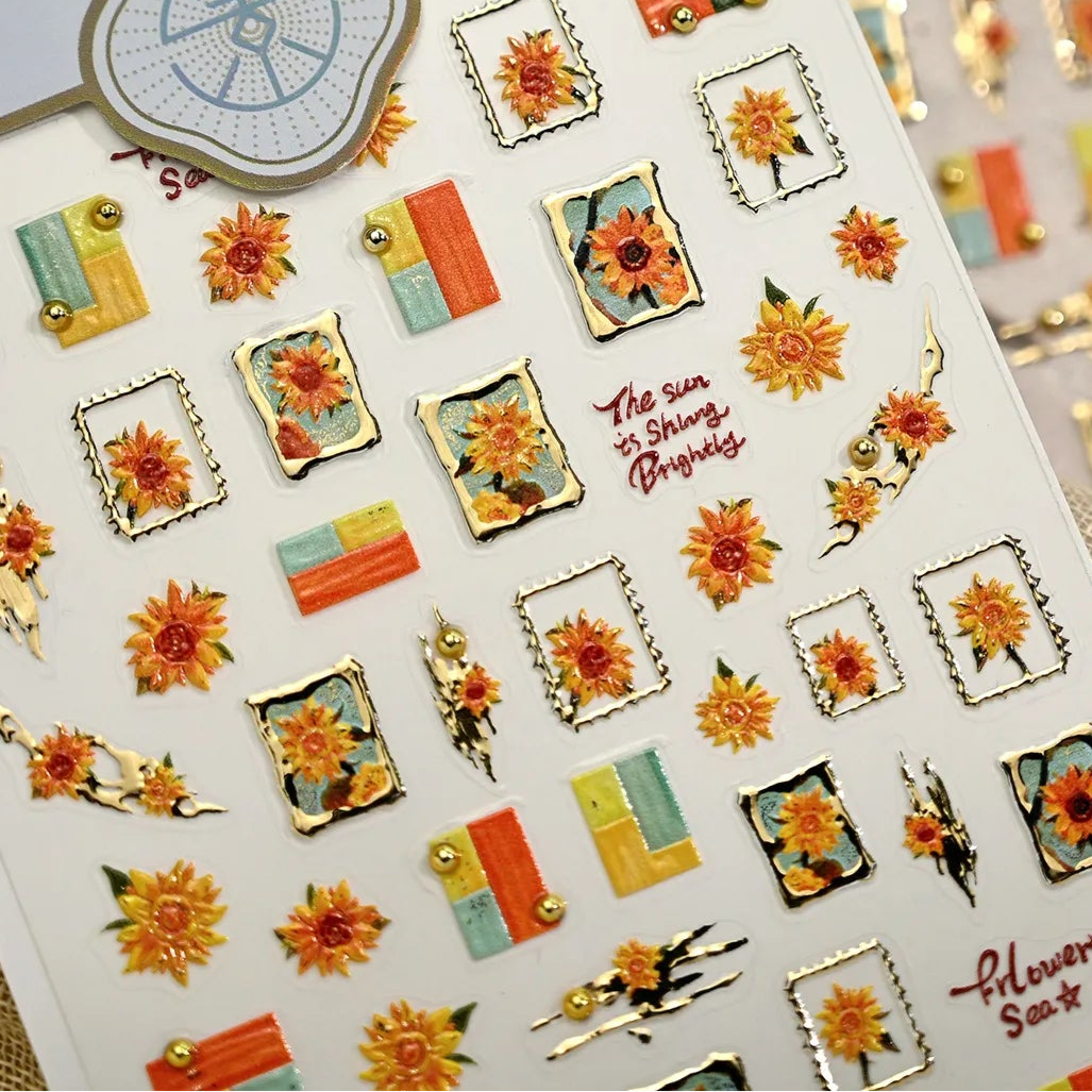 Sunflower & Gold Frame Nail Decals - Fall Floral Nail Stickers TL408