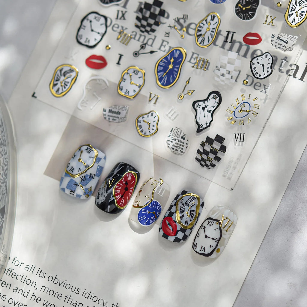 Surrealist Dream 5D Nail Stickers | Abstract Clock & Checkerboard Art 