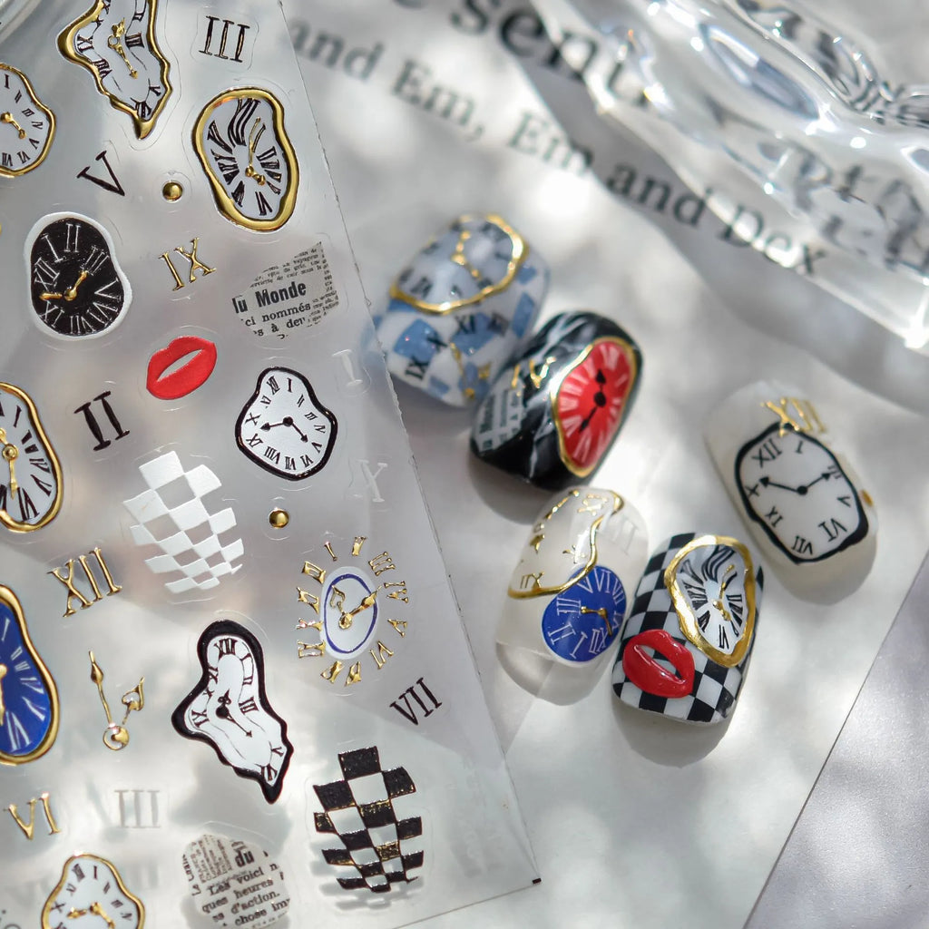 Surrealist Dream 5D Nail Stickers | Abstract Clock & Checkerboard Art 