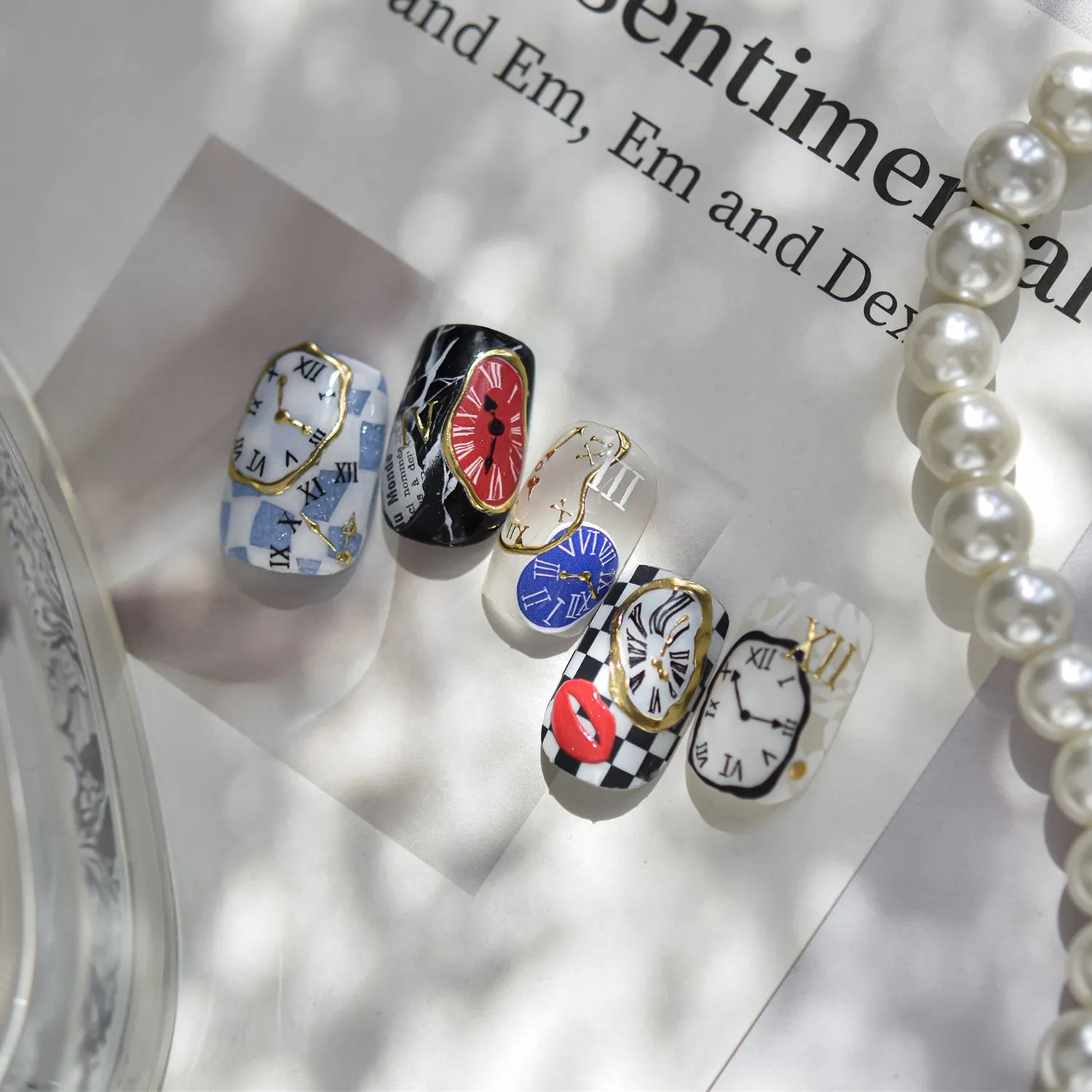 Surrealist Dream 5D Nail Stickers | Abstract Clock & Checkerboard Art 